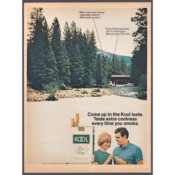 1968 Kool Cigarettes Vintage Print Ad Mountain Stream Covered Bridge Wall Art - Picture 1 of 1